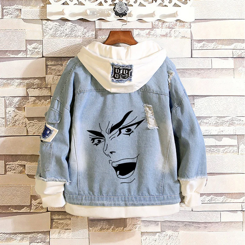 

Anime JOJO Bizarre Adventure Costume Jean Jacket Kujo Jotaro Cosplay Denim Adult Unisex Autumn Spring Hooded Outwear Coat