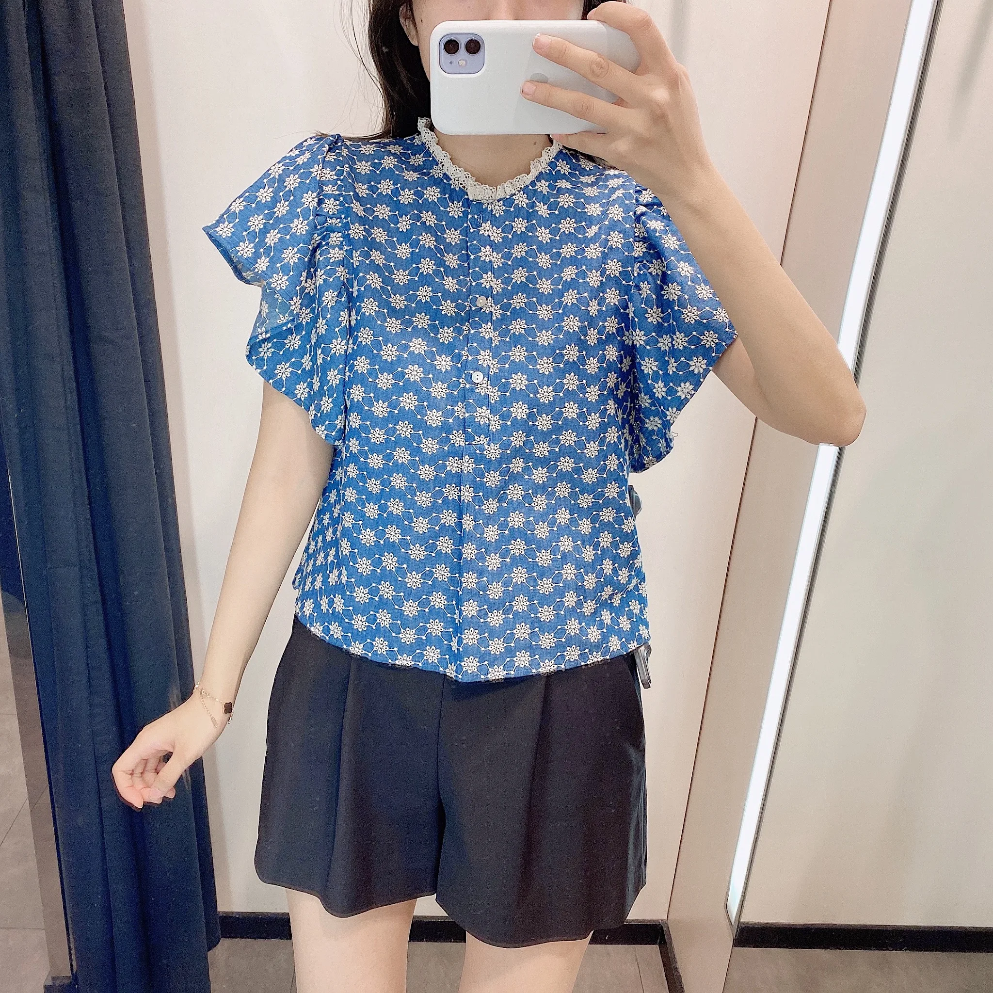 Женская футболка с оборками Za синяя укороченная цветочным принтом | одежда