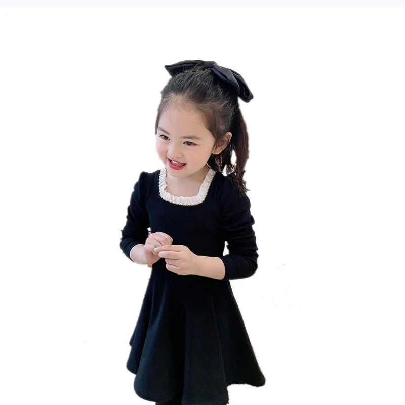 

Children's Clothing Autumn New Casual Long-Sleeved Dress Girls Pure Color Square Collar Elegant Princess Dress Girls Clothing