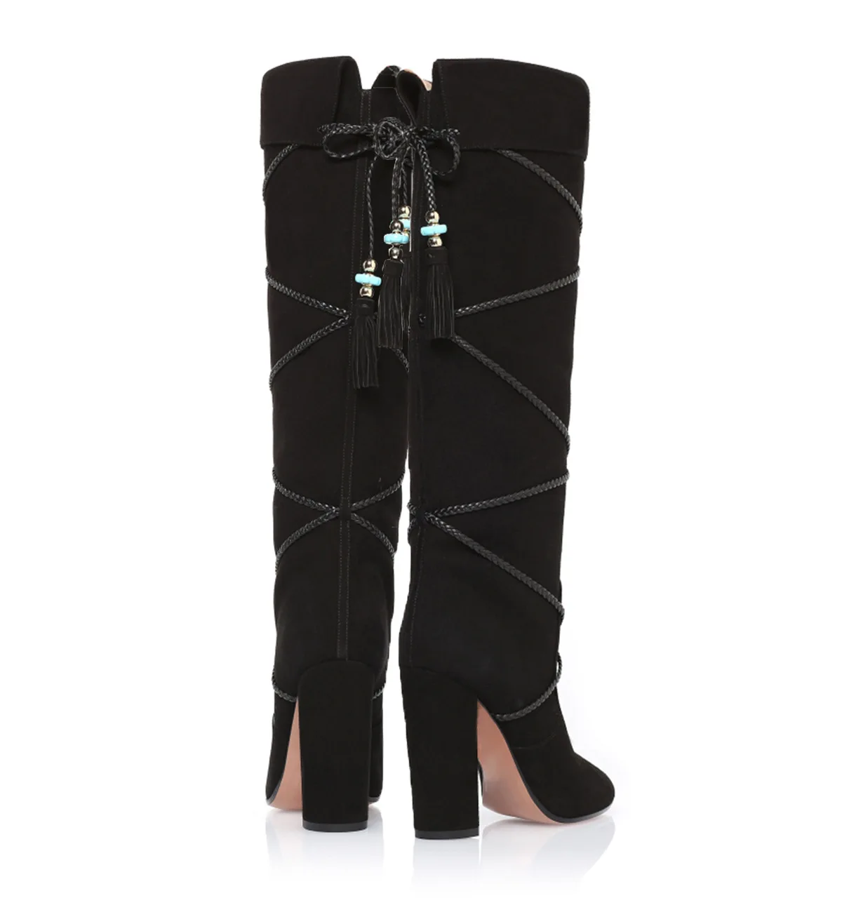 Autumn and Winter Female Velvet with Fringe Square Heel Boots Black Brown Handmade Manufacturers Direct Sales Knee High Boots