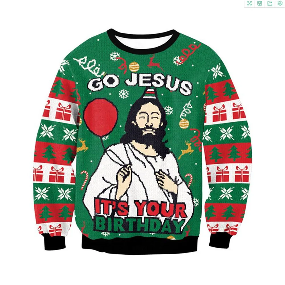 

HX Christmas Sweatshirt 3D Graphics Go Jesus It's Your Birthday Pullovers Striped Splicing Tops Harajuku Sweatshirts