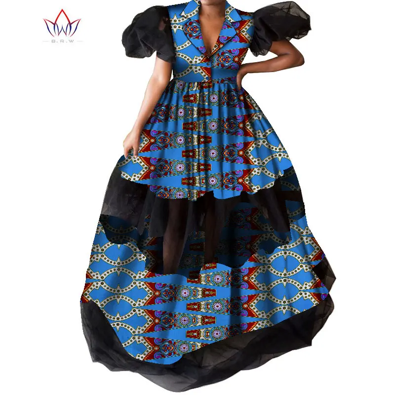 African Print Dresses Bazin Riche Big Pleated Print Wax Long Dresses for Women Plus Size 6XL Africa Clothing for Party WY8433