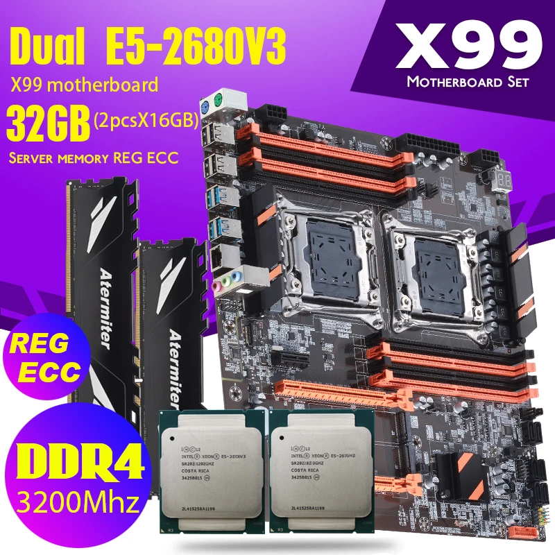 Atermiter Dual X99 материнская плата с 2011-3 XEON E5 2680 V3 * 2 шт. X 16 ГБ = 32 Гб DDR4 3200 МГц память