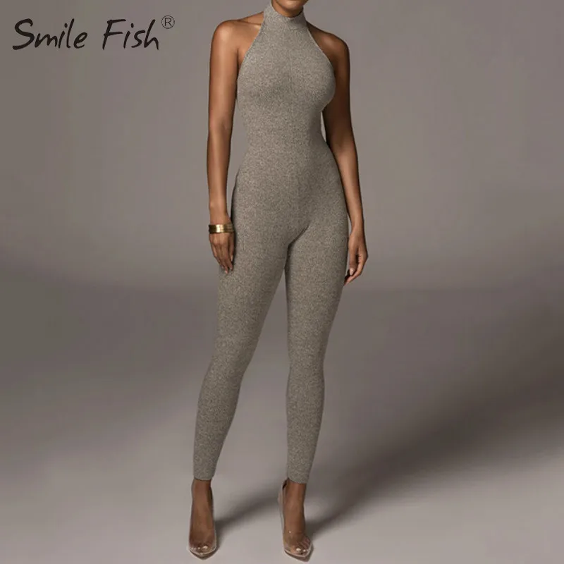 

Knit Jumpsuit 2021 Sleeveless Jumpsuits Backless Outfits Bodycon Orange Ropmers Ribbed Halter Sexy Women Evening Clubwear G2275