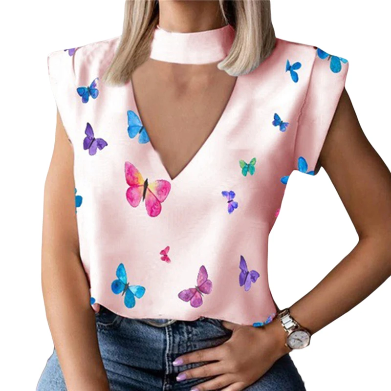 

New Women's Sleeveless Tank Top Elegant Butterfly Print Cut Out V Neck Loose Fit T-Shirt