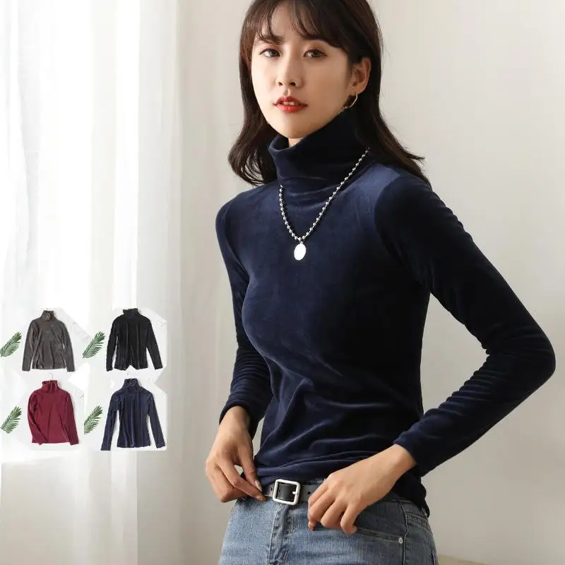 

Turtleneck Velvet t Shirt Women Winter Tops Army Green Long Sleeve T-Shirt Warm Thick Velvet Tshirt Woman Autumn Tees Tops