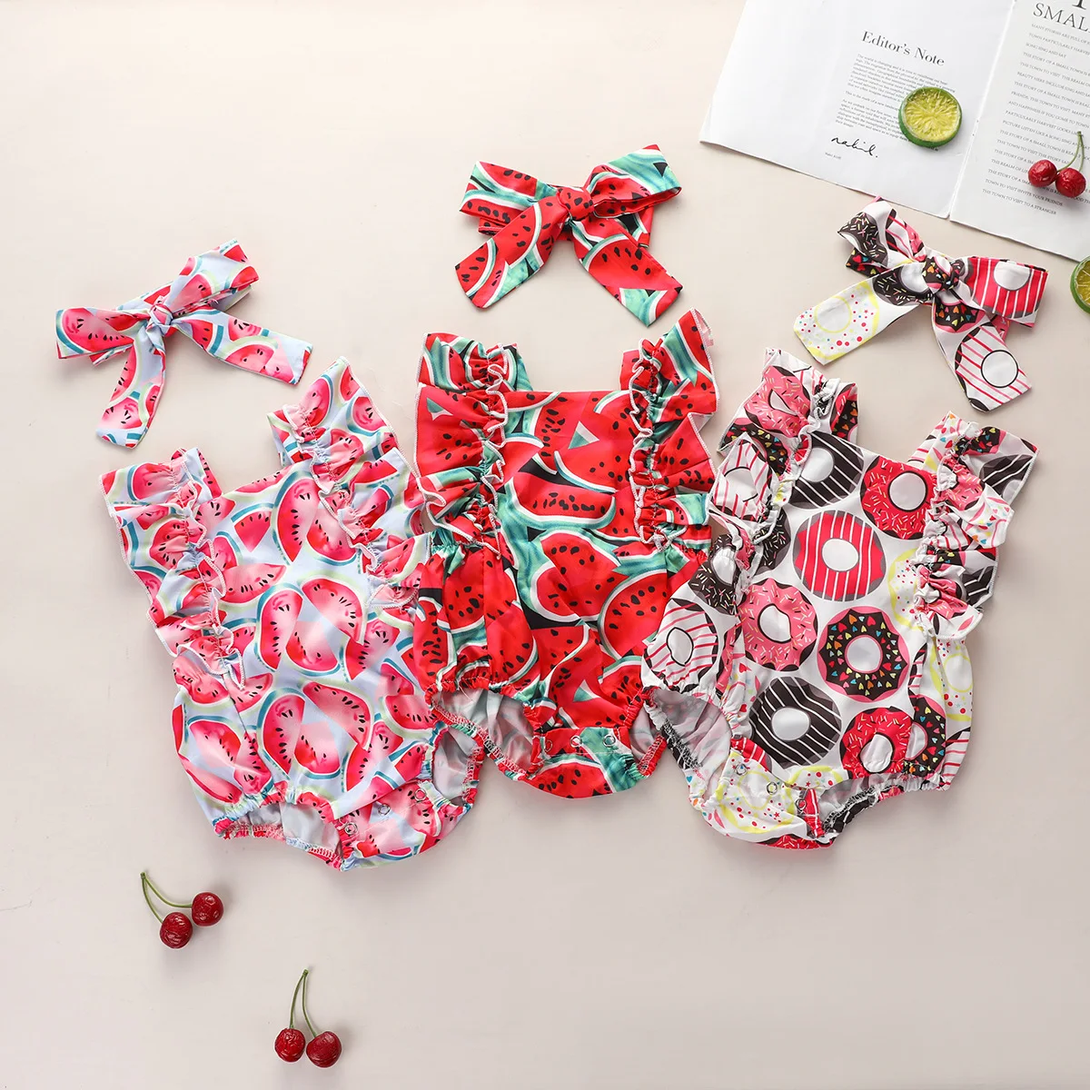 

Baby Girl Clothes Summer New Watermelon print Kids Ruffle Romper Jumpsuit Headband Dusty Pink Playsuit For Newborn 3M Rompers