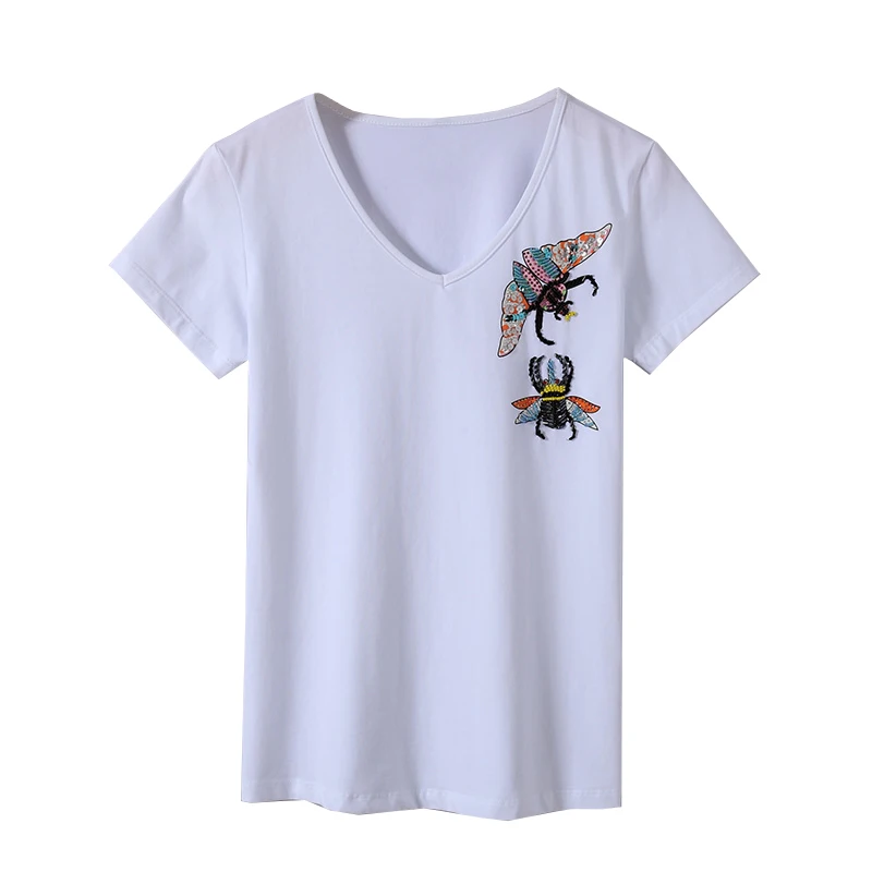 

Новинка лета 2021, женская футболка с коротким рукавом и круглым вырезом, повседневный облегающий хлопковый топ с ручным бисером в виде насек...