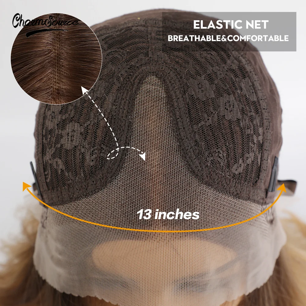 

CharmSource Curly Bobo Lace Part Synthetic Wigs Ombre Brown for White Black Women Daily Hair High Density Heat Resistant Wig