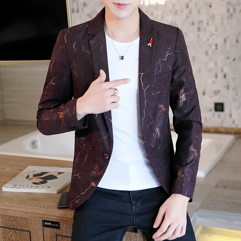 

2021 Men's Autumn Thin Casual Bronzing Printed Suit Youth Slim Handsome Fashion Single Button men blazer