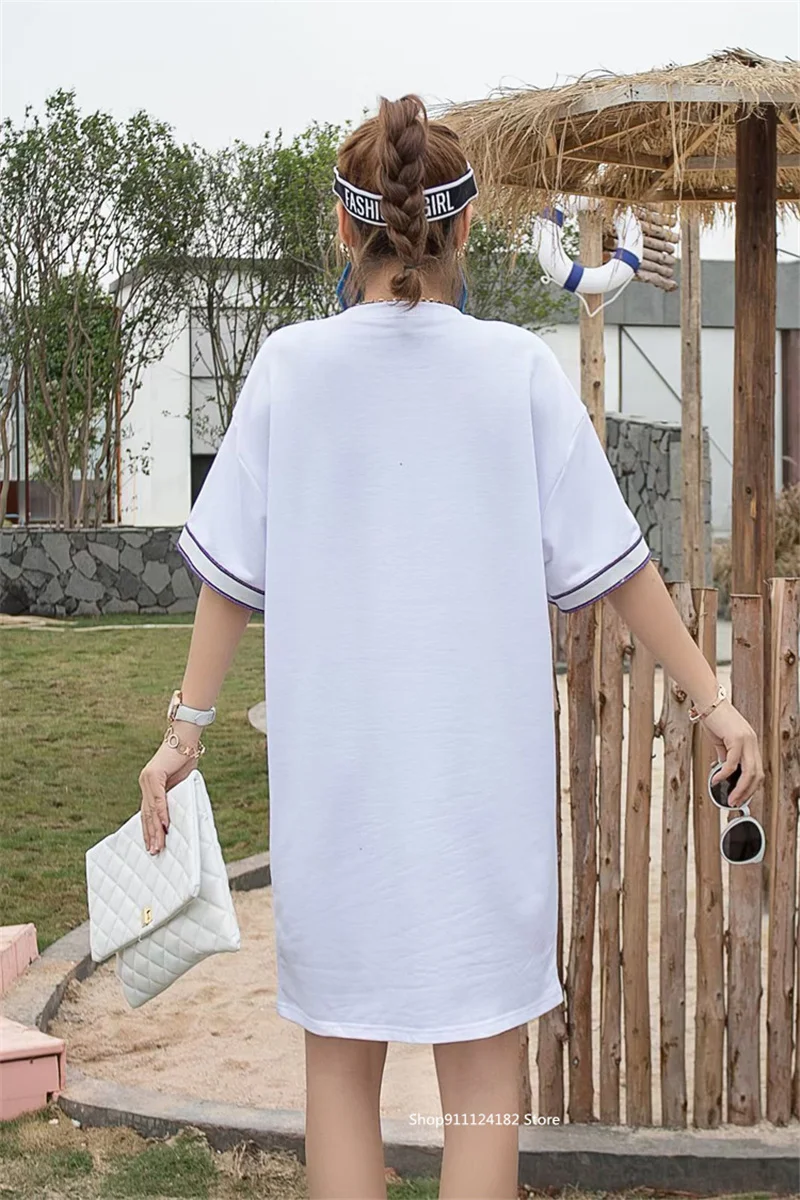 

Street Hipster Beaded Sequins Cartoon Anime Short-Sleeved Cotton Loose-Fitting Half-Sleeved Mid-Length Round Neck T-Shirt Summer