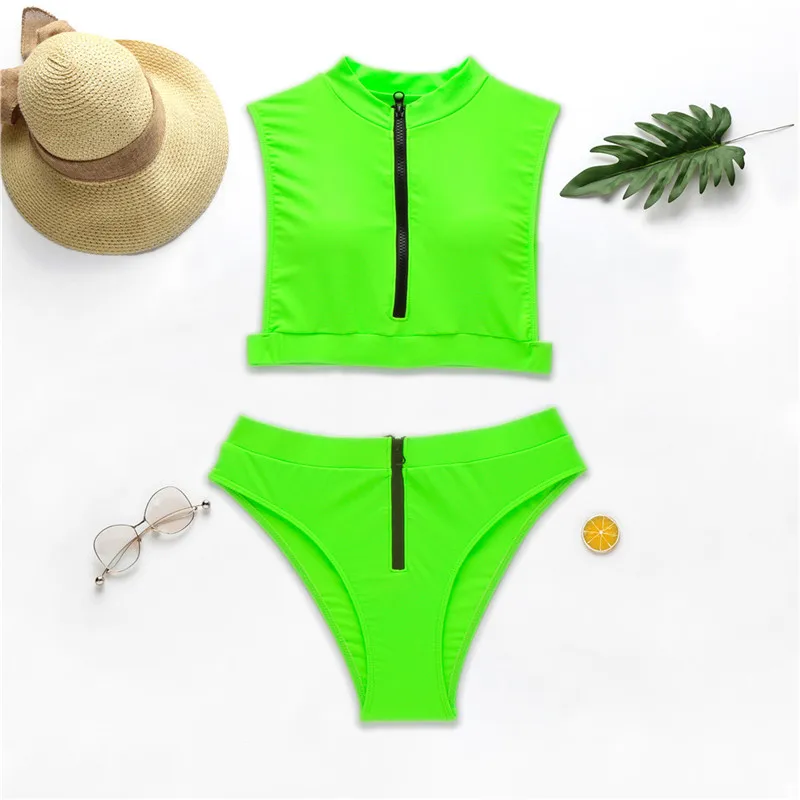 

Cheap Neon Green Bikini Set Zipper Swimwear Women High Waist Bathing Suit Sleeves Bikini New Sexy Swimsuit Female Biquini New