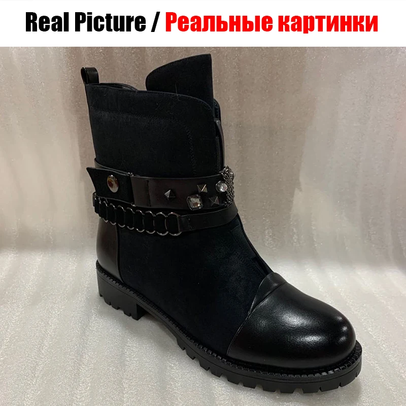 Новая однотонная женская обувь с металлическими украшениями, заклепками и цепочкой, на широком каблуке средней высоты, женская обувь с застежкой-молнией, повседневные модные зимние ботильоны большой размер 35-42