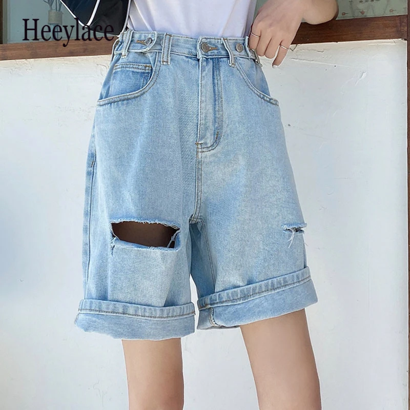 Шорты женские джинсовые с завышенной талией уличная одежда широкими штанинами