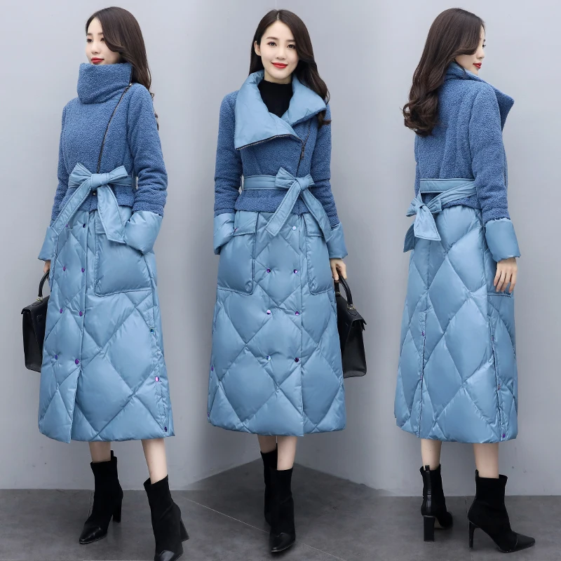

Lambswool Patchwork Winter Jacket Women New 2021 Large Size Mid Length Down Padded Coat With Belt For Women Clothing s1409