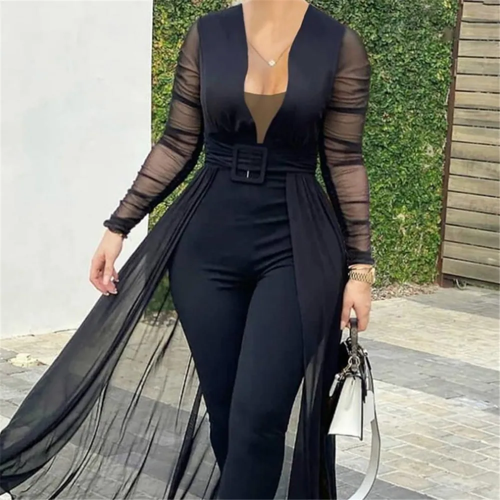 

Женский комбинезон, элегантный однотонный сетчатый прозрачный комбинезон с длинными рукавами и брюками, офисный женский официальный сексу...