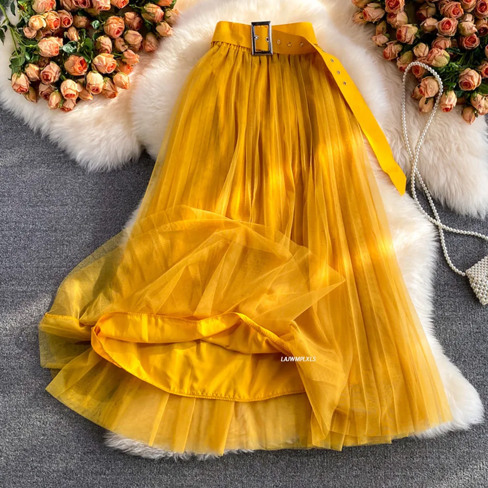 

Spring Autumn Faldas Mujer Moda 2021 Mesh Skirts Womens New Belt High Waisted Skirt Causal A-line Elegant Bottoms Fashion
