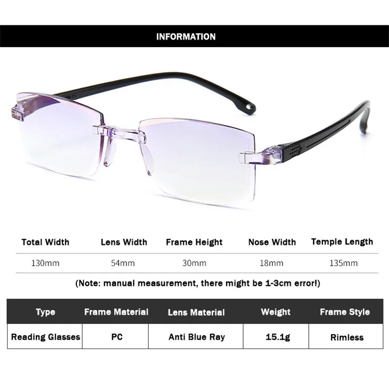 

Anti Blue Ray Reading Glasses Men Women Rimless Cutting Presbyopia Eyewear for Ladies Blue Light Glasses +1.0 1.5 2.0 2.5