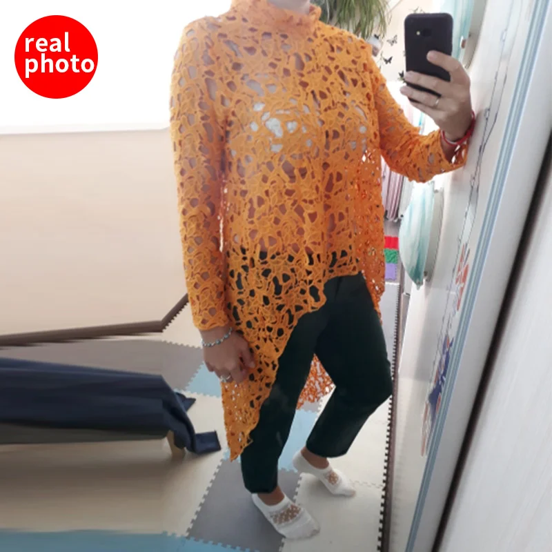 2019 весна осень Женская кружевная открытая рубашка с длинным рукавом Необычные