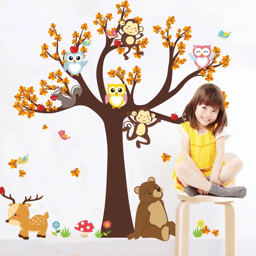 

Cartoon forest animal owl monkey tree wall sticker Bedroom living room children's room decorative wall sticker Wallpaper paste