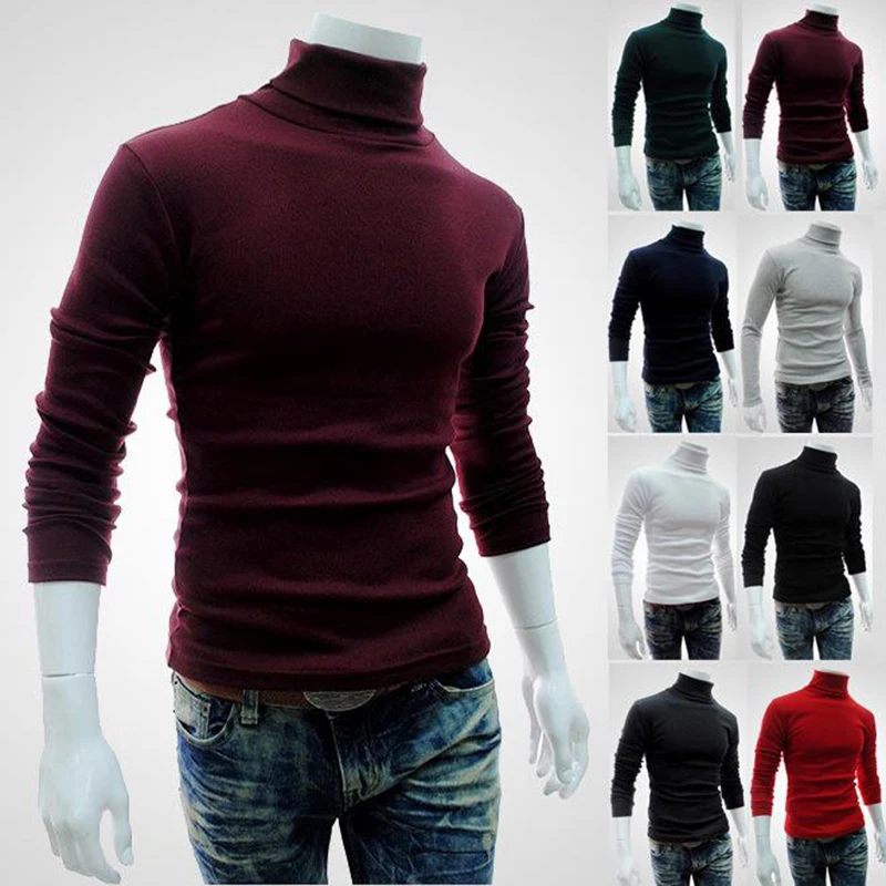 

95% Cotton 5% Spandex Spring Autumn Solid Color Basic Warm Men'S Turtleneck Sweater Men Sheath Slim Fit Brand Knitted Pullovers