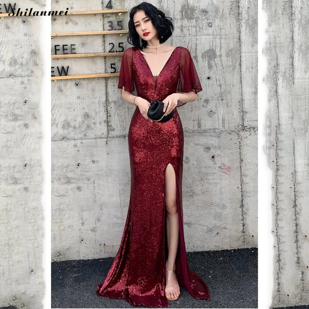 

Новое поступление, вечернее платье русалки с пайетками, Сексуальные облегающие платья с оборками и рукавом, с v-образным вырезом, женское Ма...