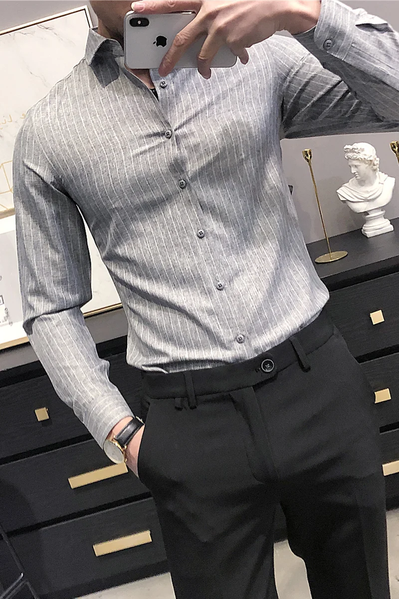 

Shirts 2021 Spring Men Classic Striped Business Formal Dress Shirt Long Sleeve Slim Fit Casual Social Party Blouse Chemise Homme
