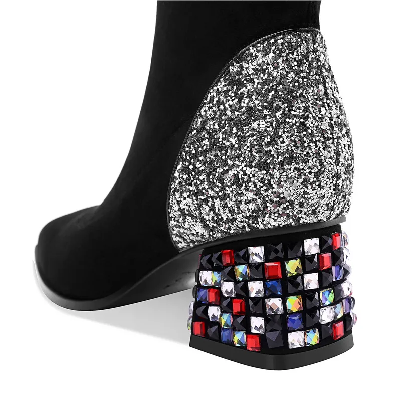 Женские короткие ботинки FEDONAS замшевые на высоком каблуке со стразами вечерние с