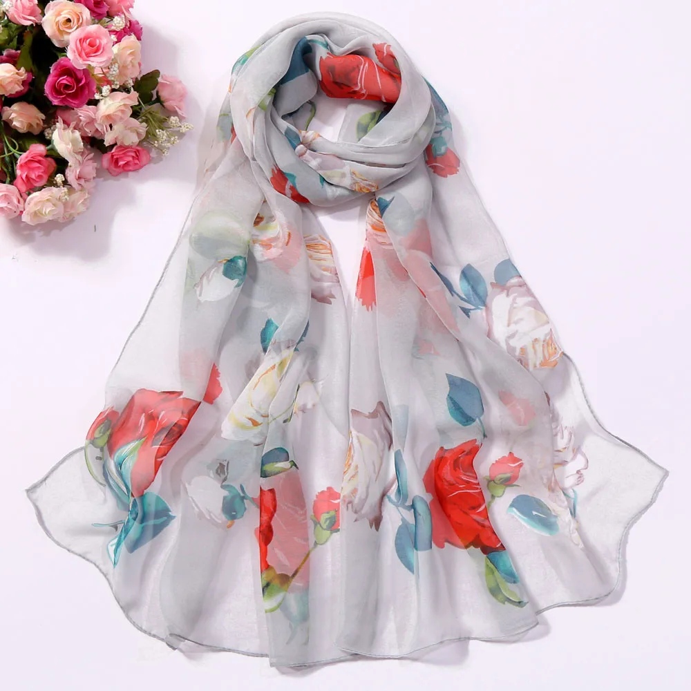 

30# Chiffon Florak Print Scarves Silk Scarf Fashion Women Roses Printing Long Soft Wrap Scarf Simulation Silk Shawl Beach Scarf