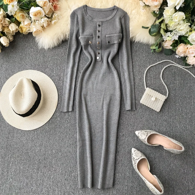 

Women's autumn new fashion A-line pure color knit dress one size chic slim o-neck pullover long dress TB3292