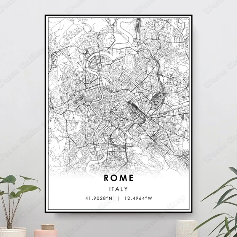 Черно-белая карта итальянского города римского плакат HD печать настенное