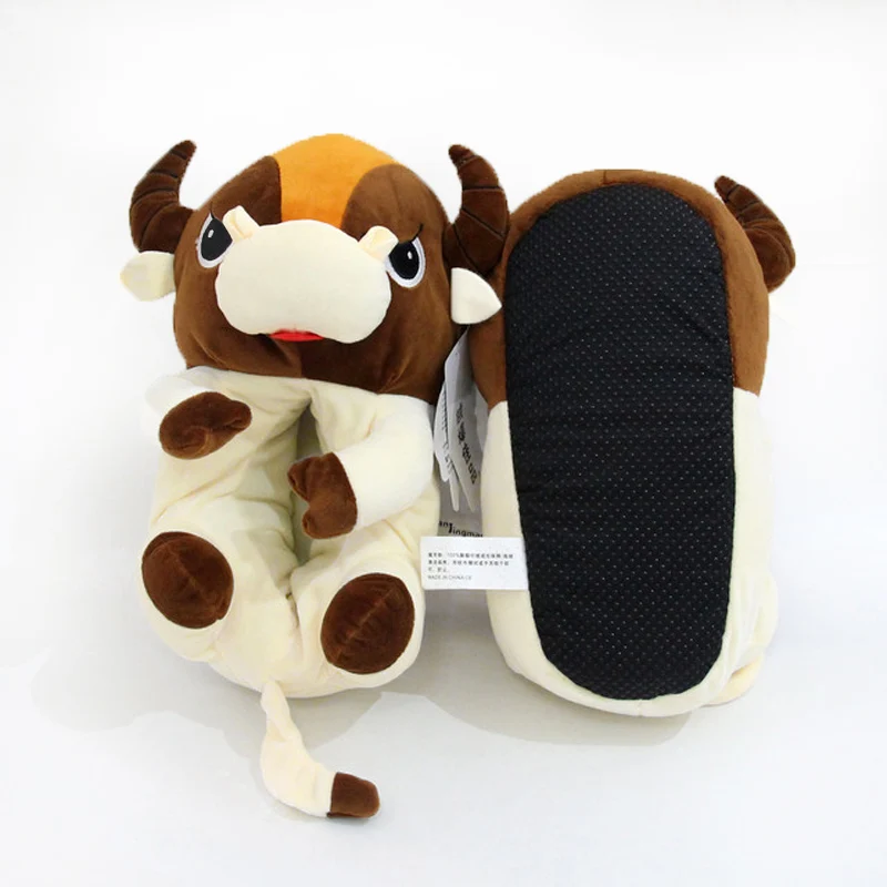 

Winter Cute Brown Cow Plush Slippers Women Home Warm Cotton Shoes Lovers Inside Door Cartoon Female Slides