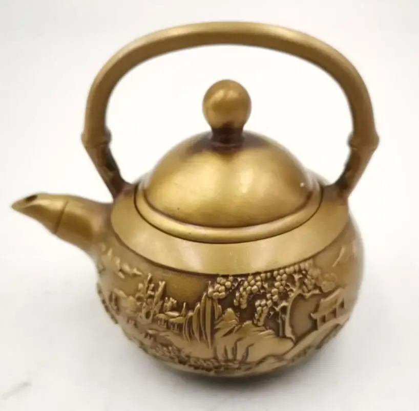 

China brass mountain water teapot small crafts statue