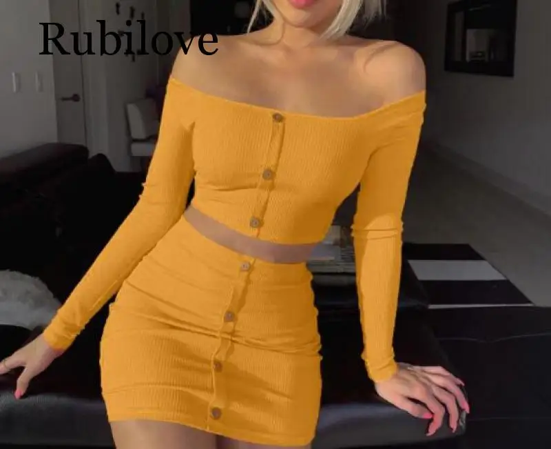 

Ribbed Cotton Sexy Two Piece Set Dress Women Square Collar Long Sleeve Mini Bodycon Dress Buttons Autumn Party Dress 2019