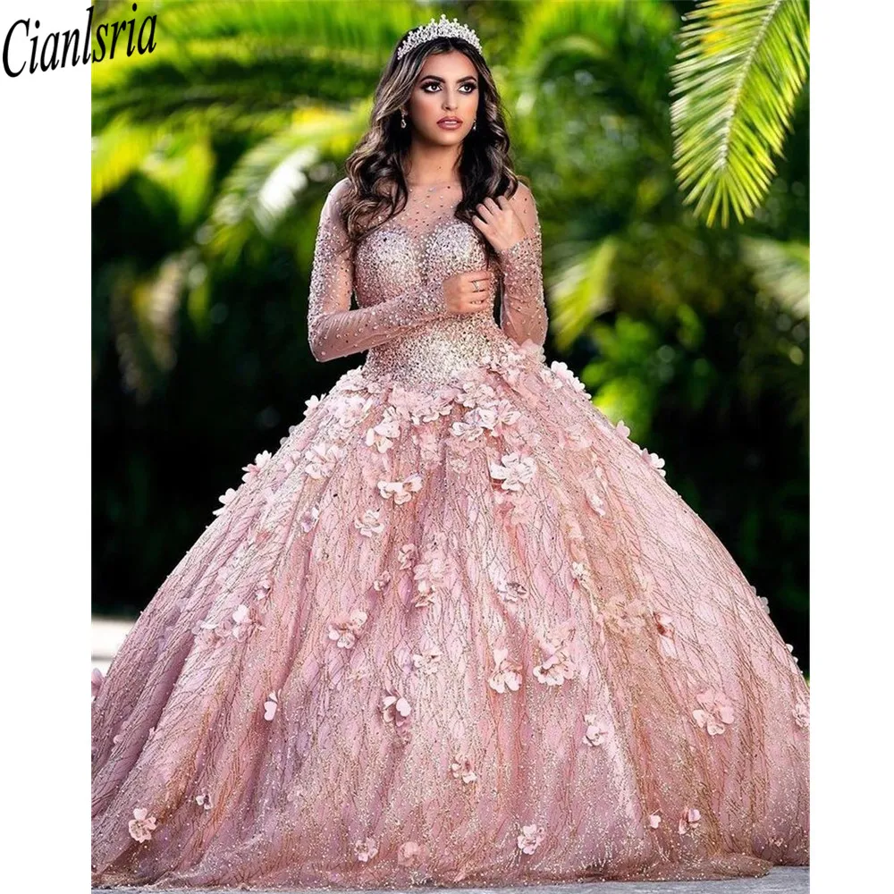

2021 Shining Pink Ball Gown Quinceanera Dresses Beaded Off Shoulder Tulle Sequined Sweet 15 16 Dress XV Party Wear
