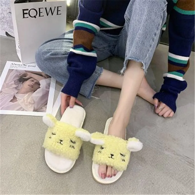 Женские пушистые тапочки зимняя теплая меховая обувь женские Симпатичные