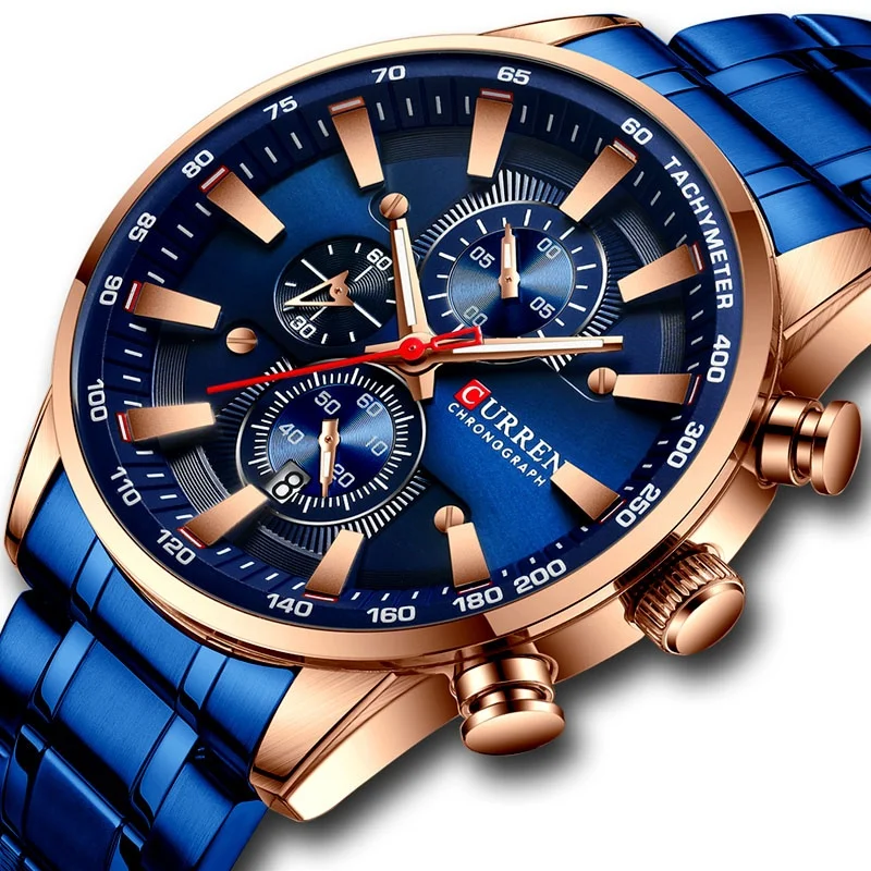 

Часы наручные CURREN Мужские с календарем, брендовые Роскошные модные повседневные спортивные полностью стальные, с хронографом