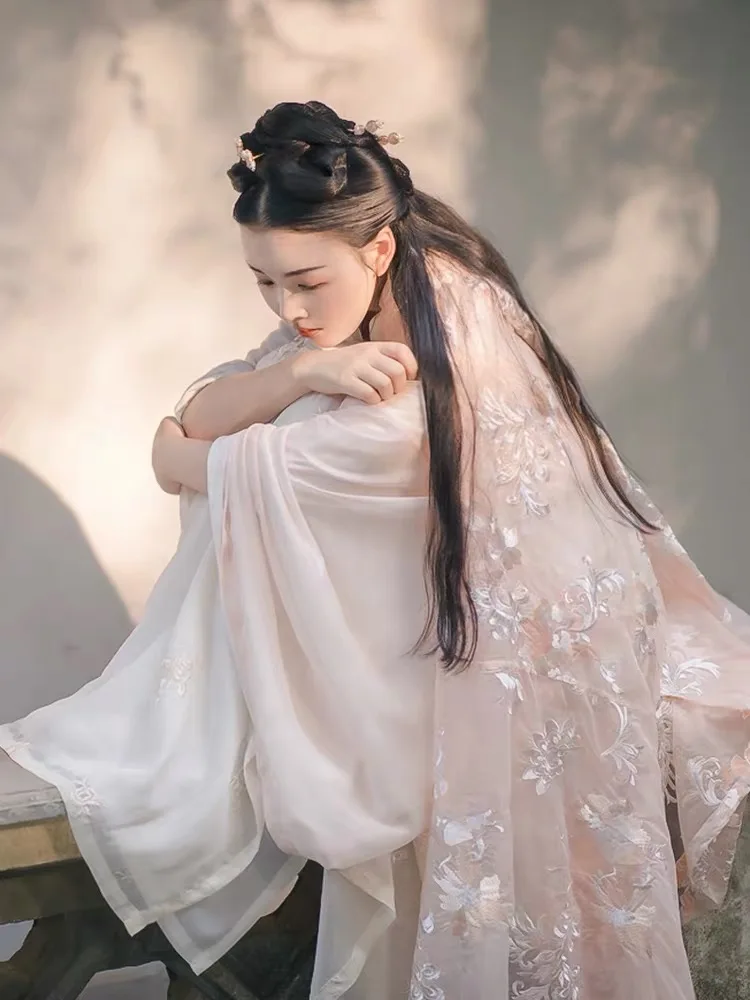 

2022 chinese hanfu dress wei jin dynasty big sleeve exquiste embroidery graceful fairy ancient princess cosplay chiffon hanfu