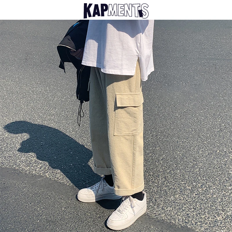 

KAPMENTS Vintage Men Corduroy Pocket Baggy Cargo Pants 2020 Joggers Mens Japanese Streetwear Wide Leg Pants Male Korean Trousers