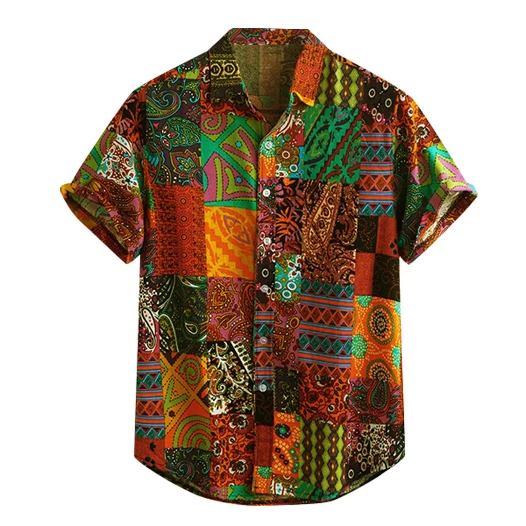 Men Beach Hawaiian Shirts Colorful Summer Ethnic Style Print Vintage Short Sleeve Loose Buttons Shirt Рубашка Мужская Camisas |