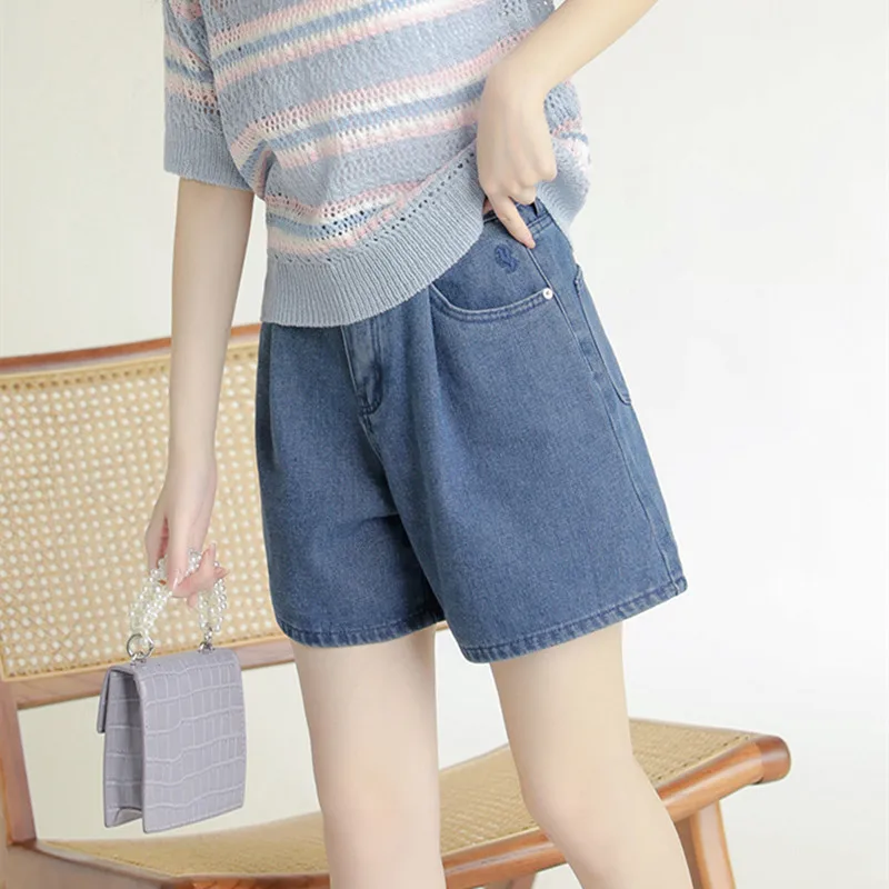

New Korean Style High Waist Straight Loose Shorts Jeans Women Summer Thin Button Pocket Dark Color Wide Legged Trousers