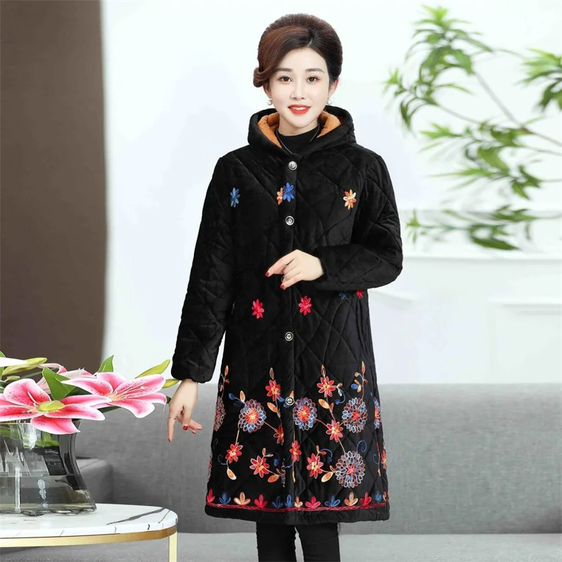 2022 Middle-aged Elderly Winter Three-layer Velvet Cotton Adult Overalls Female Mothers Loose Korean Mid-length Coats A665