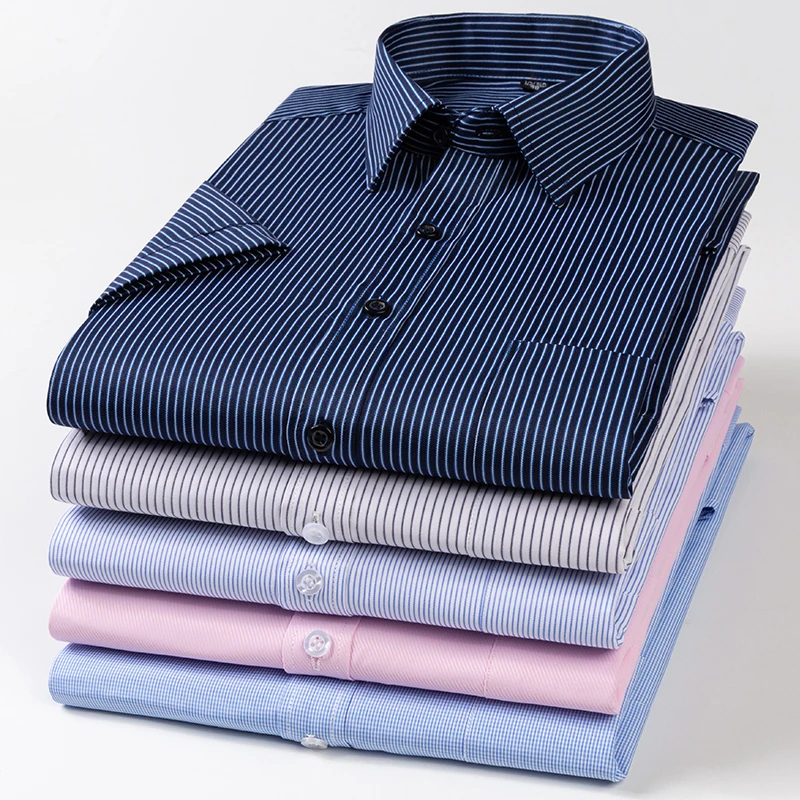 Мужская летняя рубашка в полоску с короткими рукавами не требует глажки и