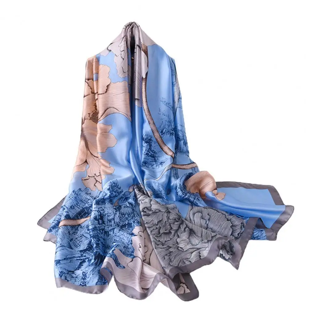 

Floral Print Sun Protection Women Scarf Imitation Silk Long Smooth Beach Shawl for Home
