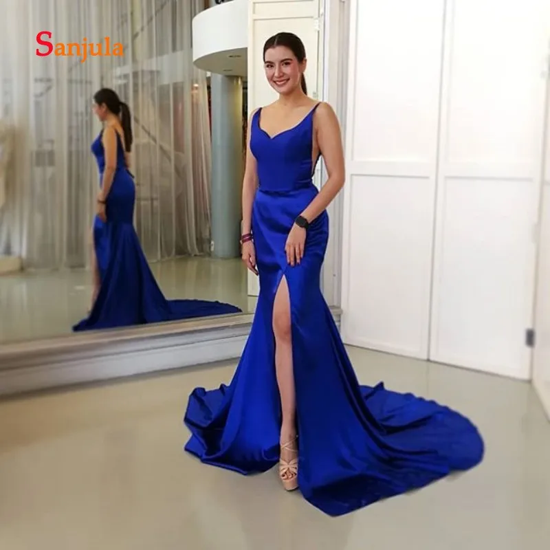 Royal Blue Sheath Formal Evening Dresses Sweetheart Tank Leg Split Slit Long Gowns Open Back Dinner Party D1410 | Свадьбы и