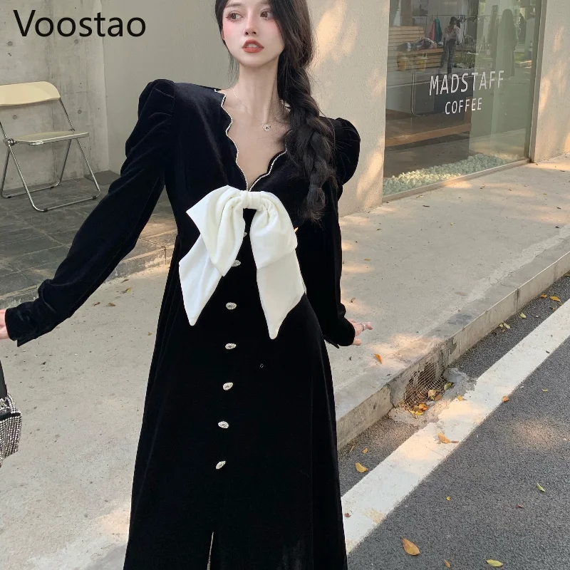 

Spring Autumn Vintage Women Gothic Dress Chic V-Neck Puff Long Sleeve Bow Slim Party Dresses Female Elegant Velvet Midi Dress