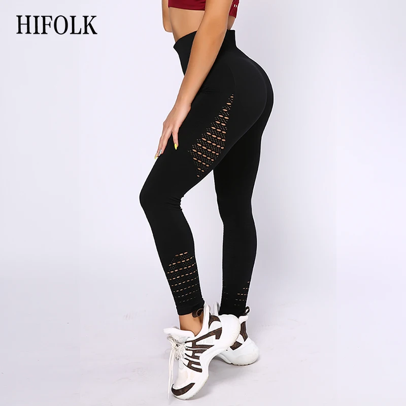 HIFOLK женские спортивные штаны с дырками, леггинсы для фитнеса, высокая талия, бесшовные леггинсы, тонкие, пуш-ап леггинсы, эластичные, дышащие штаны