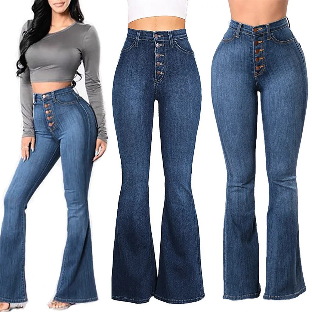 

FAKUNTN Straight-breasted Flared Jeans Women Autumn Elastic Plus Loose Denim Pocket Button Casual Boot Cut Pant Women's Slim