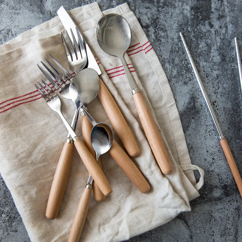 Креативная посуда с деревянной ручкой столовые приборы из нержавеющей стали в