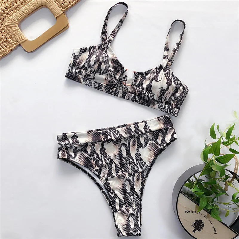 

2021 Women Sexy High Waist Bikini Set Summer Leopard Snake Print Push Up Swimsuits Bandeau Thong Brazilian Biquini Bathing Suit